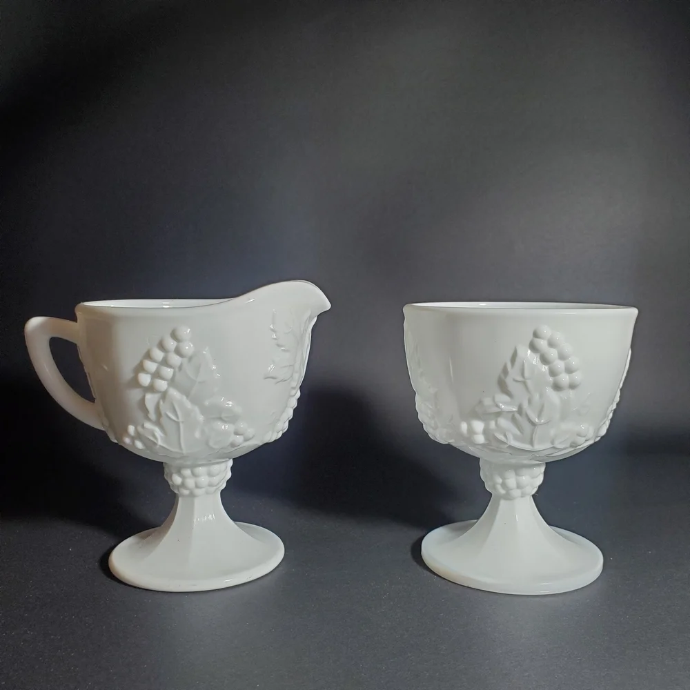 Vintage Indiana Glass Colony Harvest Grape Milk Glass Creamer & Sugar Bowl Set